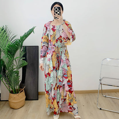 Pleated Ruffled Bat Sleeve Maxi Dress
