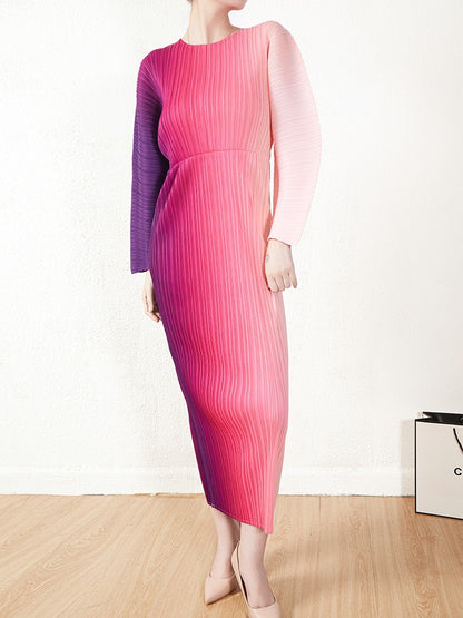 Miyake Pleated Gradient Long Sleeve Midi Dress