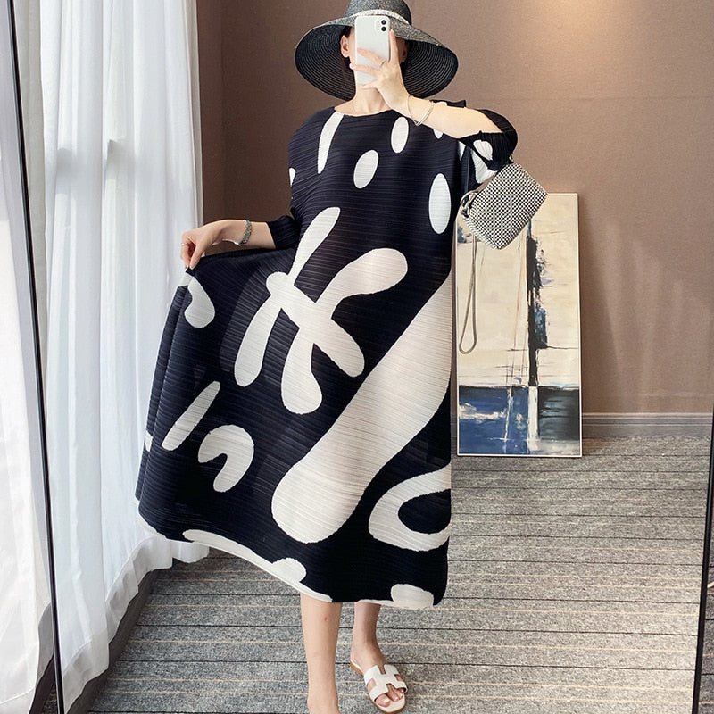 Miyake Pleated Abstract Print Midi Dress