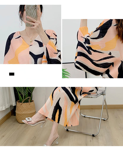 Miyake Pleated Printed Batwing Sleeve Midi Dress