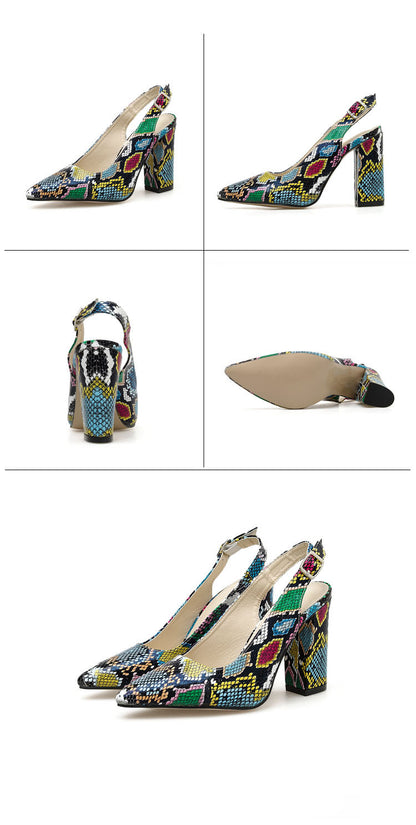 Snakeskin Print Pointed Toe Block Heel Shoes