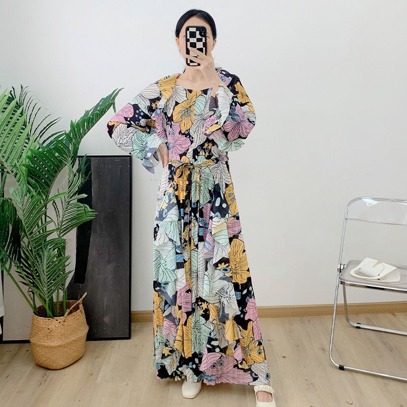 Pleated Ruffled Bat Sleeve Maxi Dress