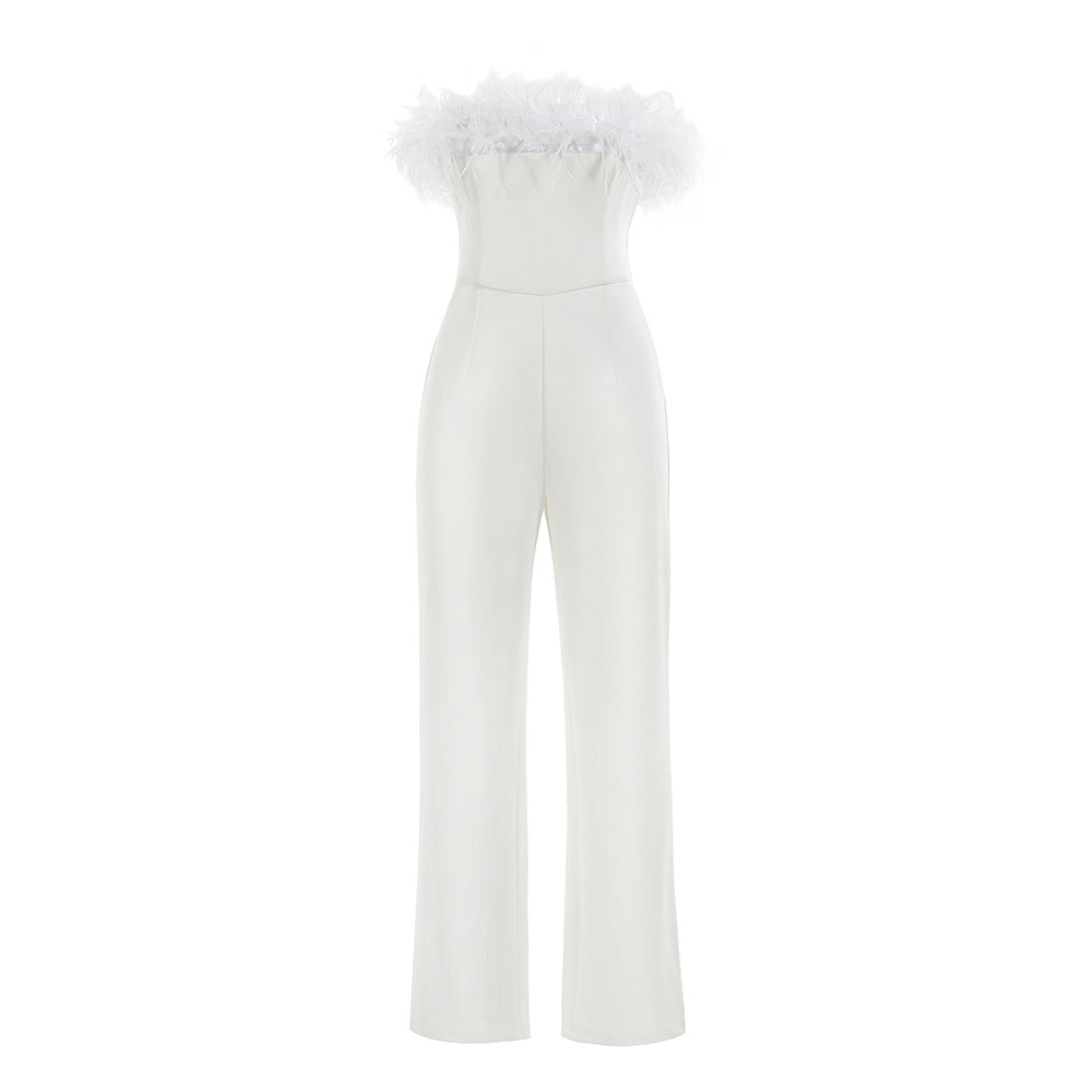 Strapless Feather Detail Straight Leg Jumpsuit