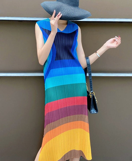Miyake Pleated Multicolor Sleeveless Midi Dress