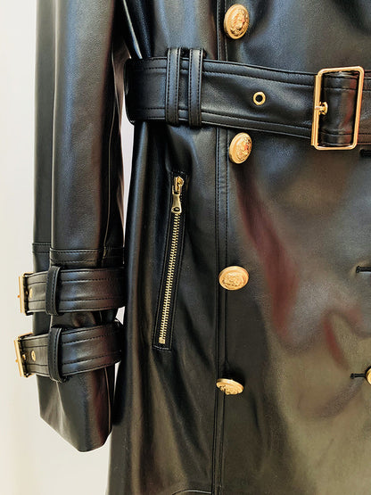 Luxury PU Leather Double Breasted Trench Coat with Belt