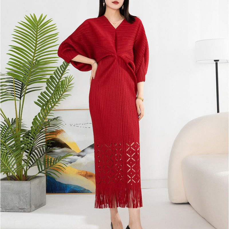 Miyake Pleated Batwing Sleeve Tassel Maxi Dress