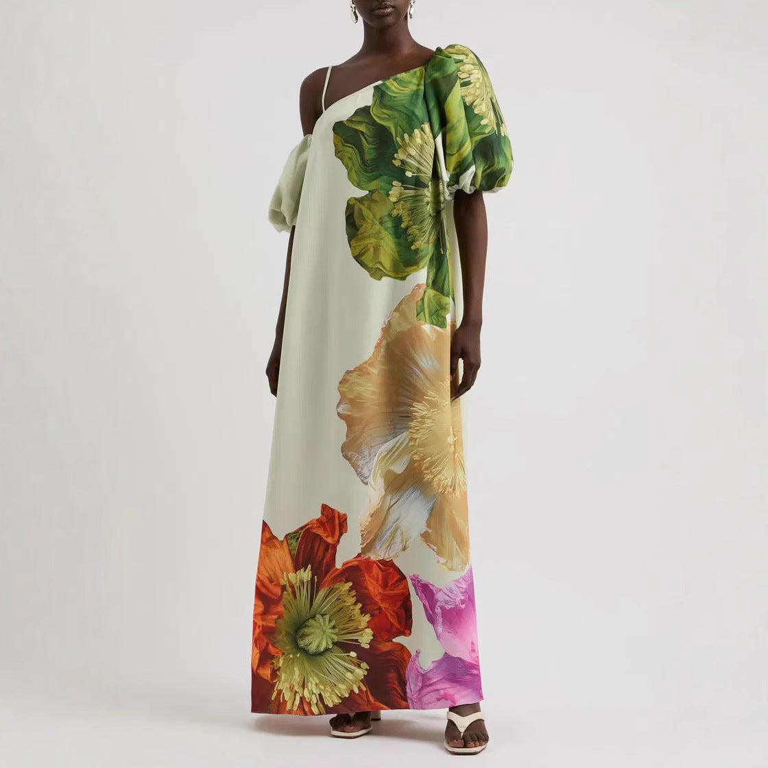 Floral Asymmetrical Neck Balloon Sleeve Maxi Dress