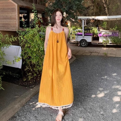 Embroidered Sleeveless Maxi Dress with Tassels