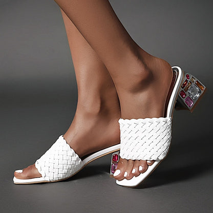 Rhinestones Braided Open Toe Chunky Heel Sandals