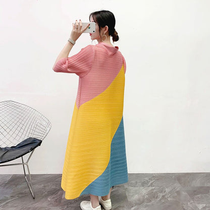 Miyake Pleated Color Block Midi Dress