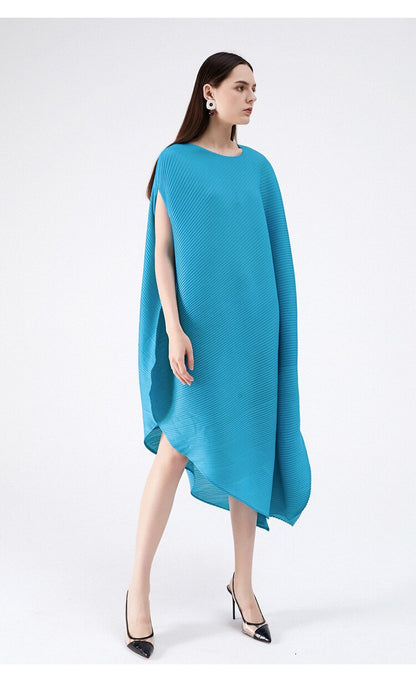 Miyake Pleated Asymmetrical Hem Midi Dress