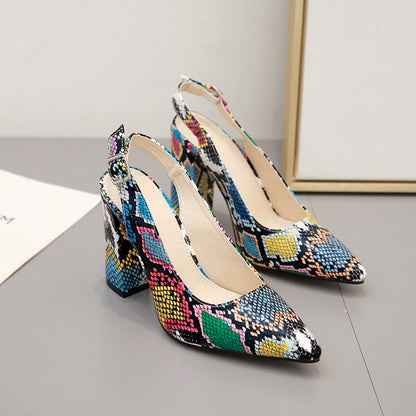 Snakeskin Print Pointed Toe Block Heel Shoes