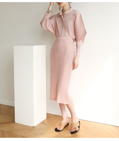 Miyake Pleated Horn Sleeve Shirt and Midi Skirt Set