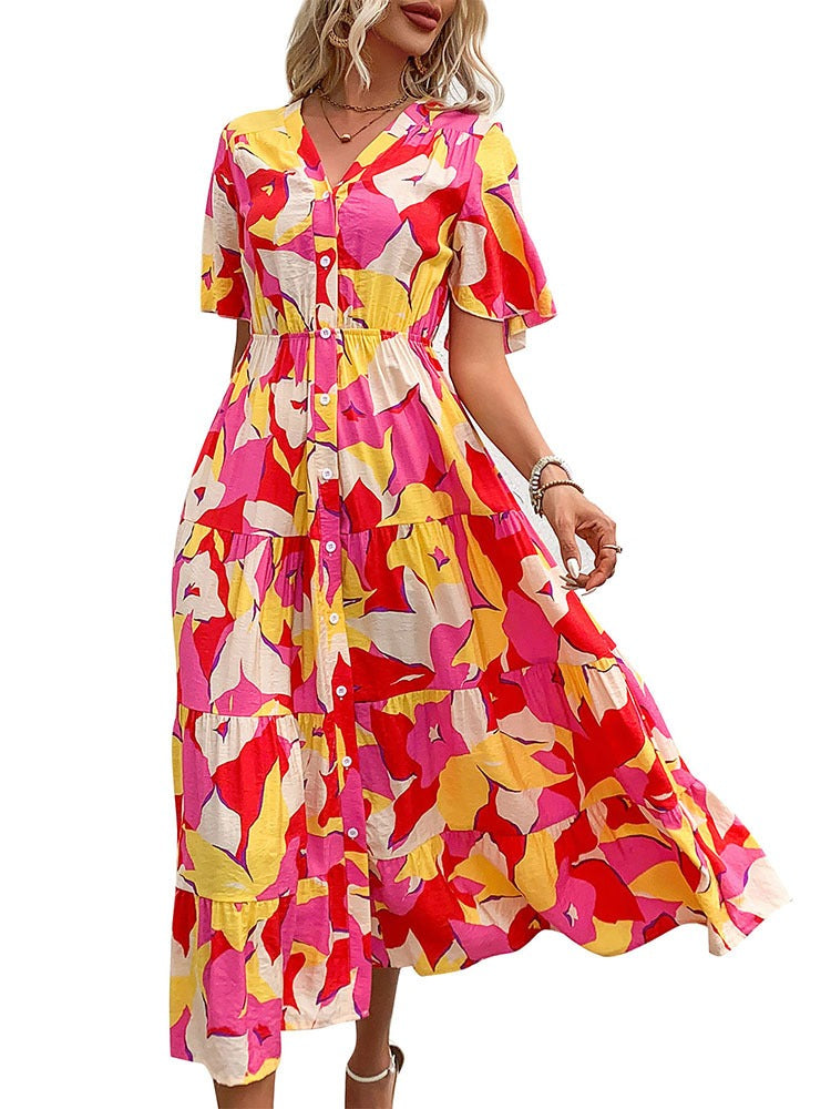 Printed Tiered V-Neck Midi Dress