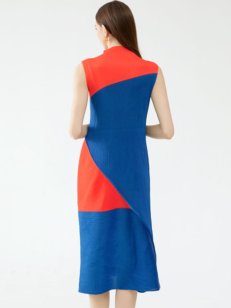 Miyake Pleated Contrast Irregular Spliced Midi Dress