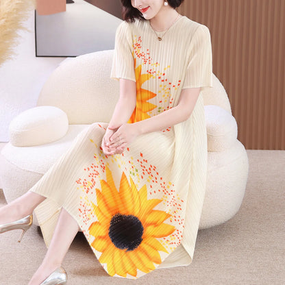 Miyake Pleated Sunflower Midi Dress