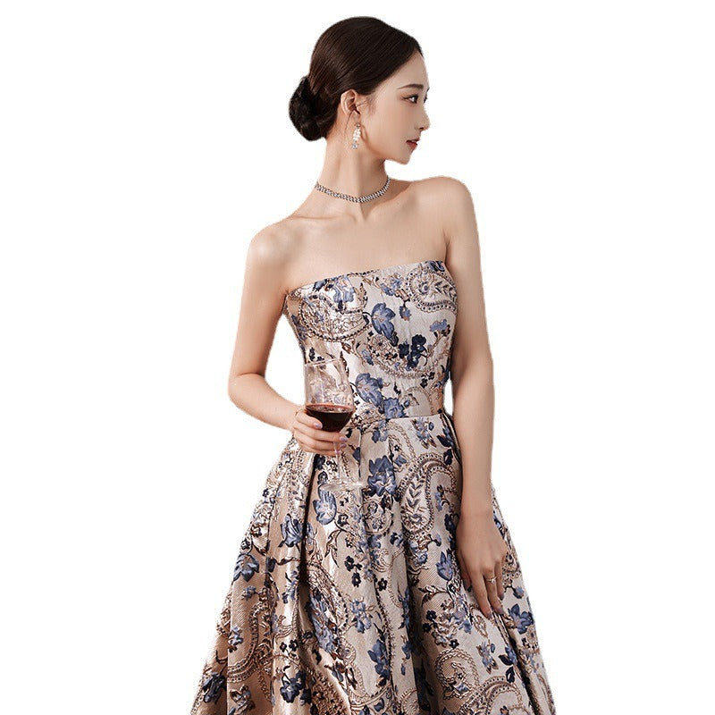 Jacquard Print Strapless Evening Dress
