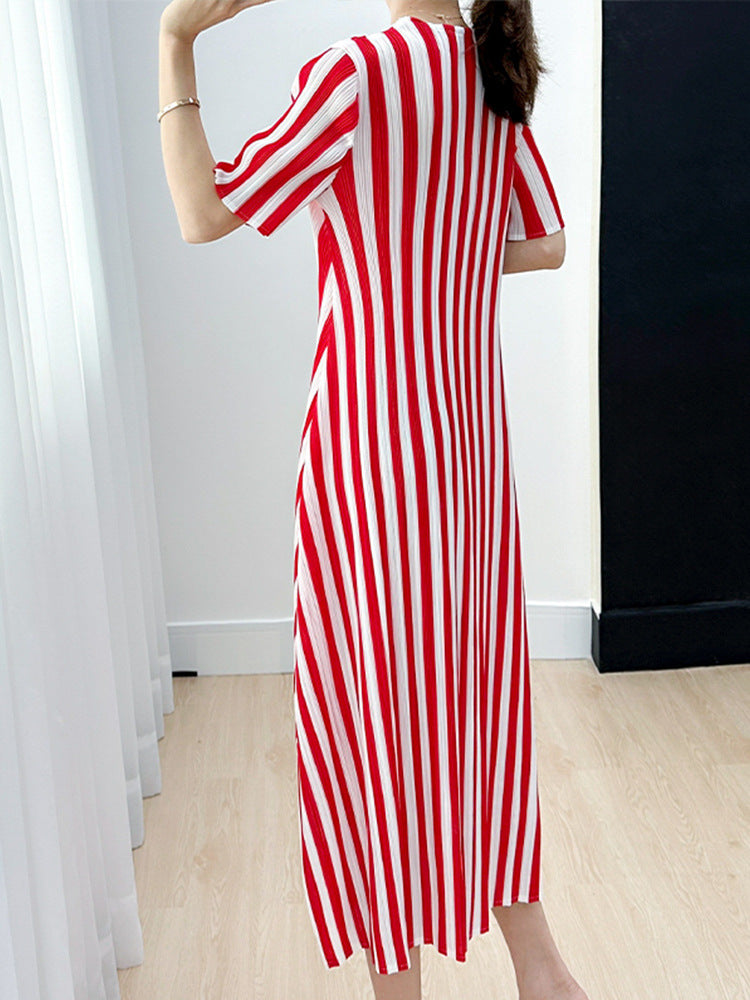 Miyake Pleated Striped A-Line Dress