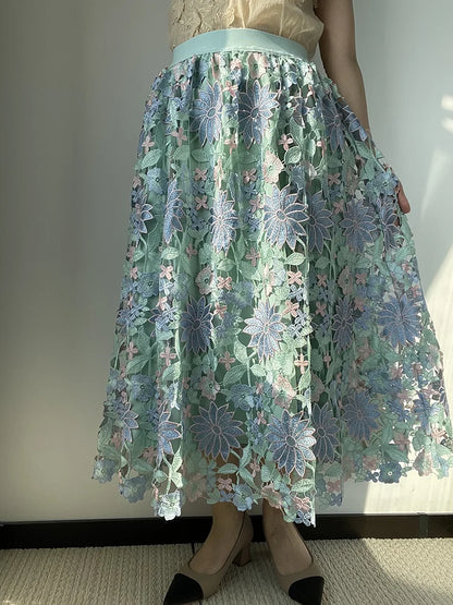 Floral Embroidered Hollow Out Long Skirt