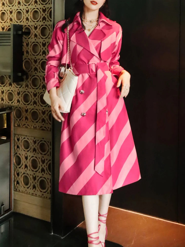 Contrast Striped Long Sleeve Trench Coat