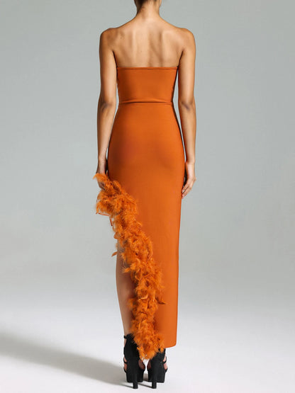 Strapless Bodycon Dress with Feathers