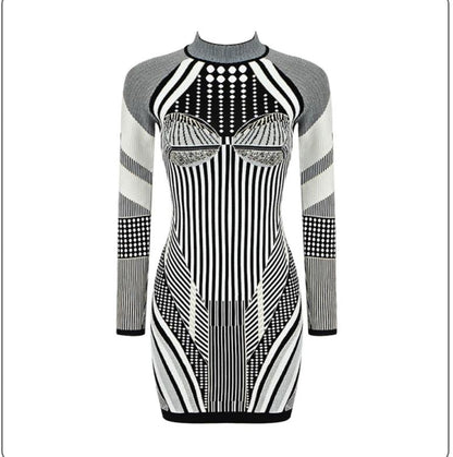 Geometric Long Sleeve Mini Bodycon Dress