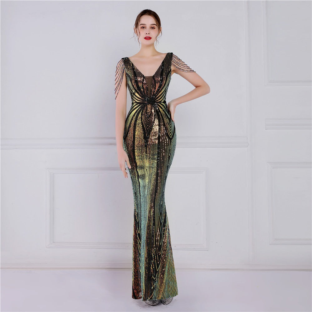 Sequin V-Neck Floor-Length Mermaid Dress