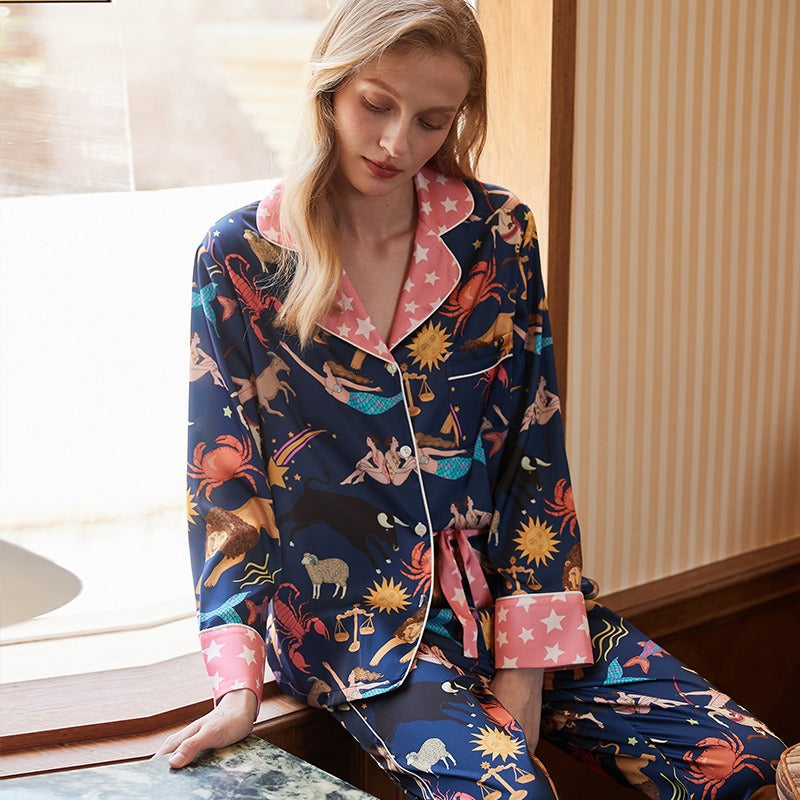 Zodiac Print Simulated Silk Pajama Set