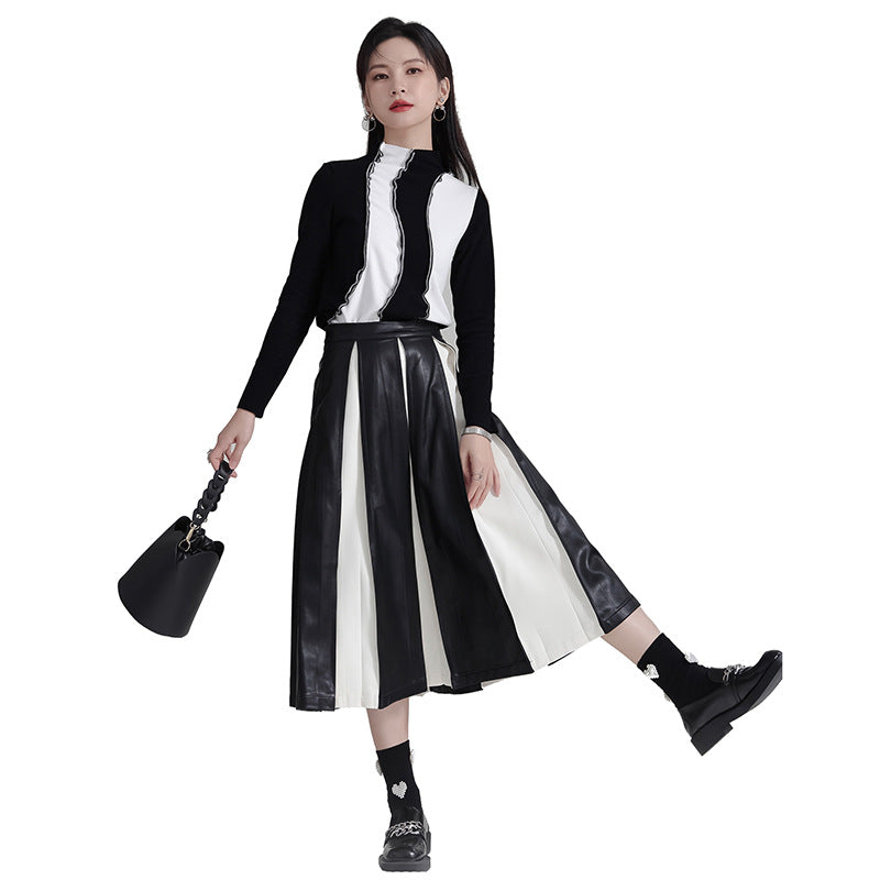 PU leather patchwork pleated skirt, women's A-line skirt, unique and luxurious style, high waisted umbrella skirt