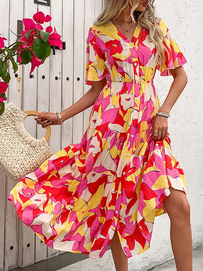 Printed Tiered V-Neck Midi Dress