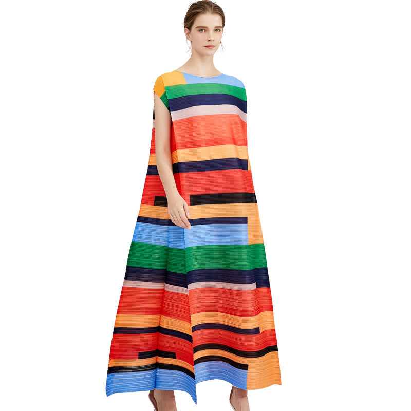 Miyake Pleated Contrast Striped Maxi Dress