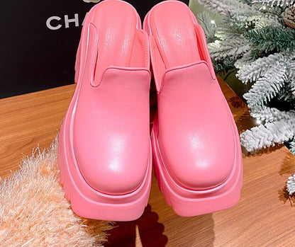 Genuine Leather Chunky High Heel Platform Slippers