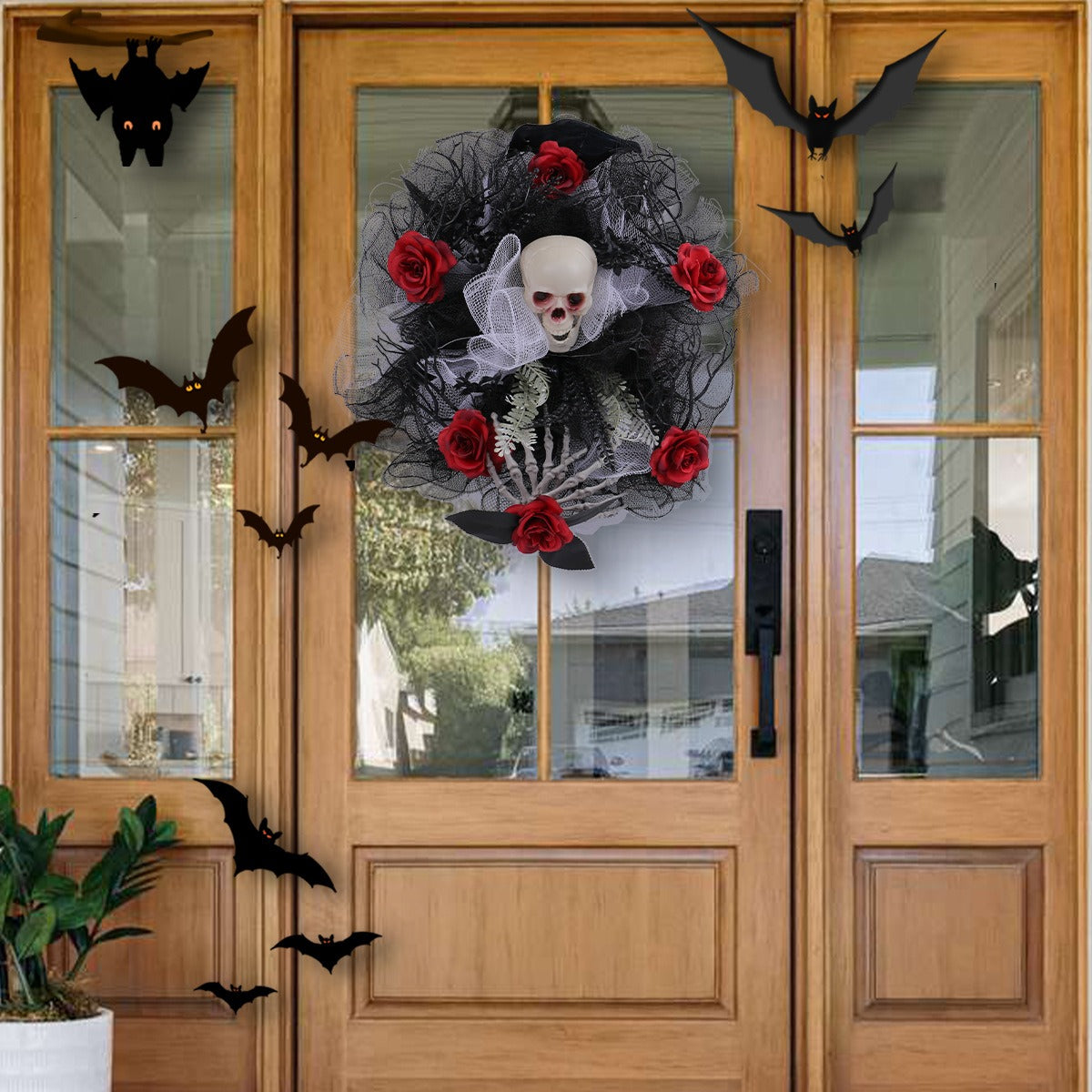 Halloween Red Rose Skull Mesh Door Wreath
