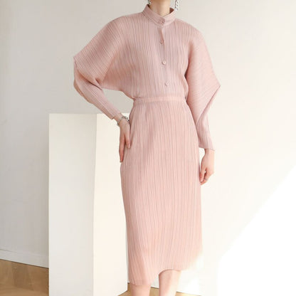 Miyake Pleated Horn Sleeve Shirt and Midi Skirt Set