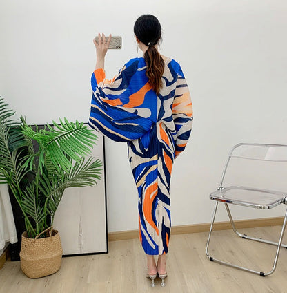 Miyake Pleated Printed Batwing Sleeve Midi Dress