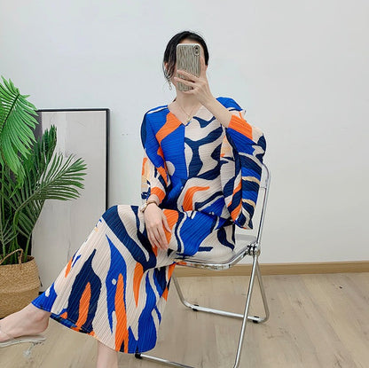 Miyake Pleated Printed Batwing Sleeve Midi Dress