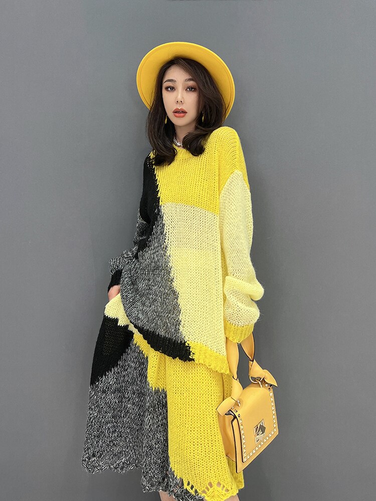 2-Pieces Color Block Knit Top and Midi Skirt Set