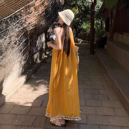 Embroidered Sleeveless Maxi Dress with Tassels