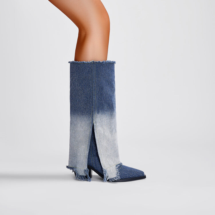 Gradient Pointed Toe Denim Knee High Boots