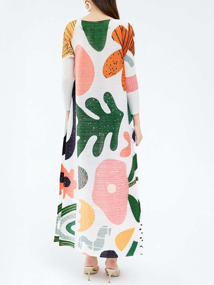 Miyake Pleated Floral Short Sleeve Maxi Dress