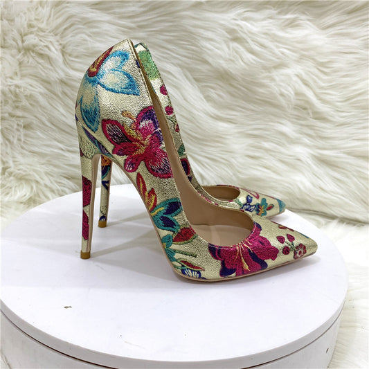 Gold Floral Print Pointed Toe Stiletto Pumps