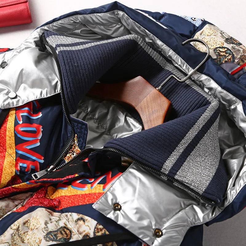 Printed Ribbed Collar Hooded Duck Down Overcoat