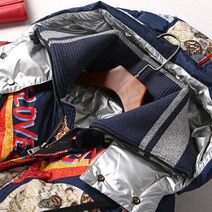 Printed Ribbed Collar Hooded Duck Down Overcoat