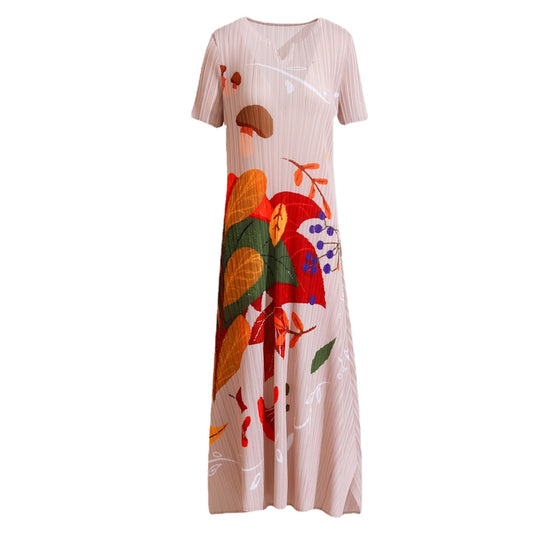 Miyake Pleated Printed Short-Sleeved Midi Dress