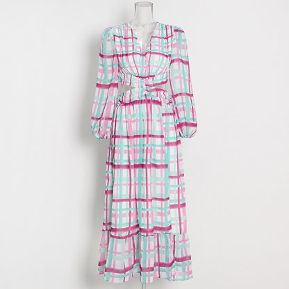 Printed V-Neck Puff Sleeve Cutout Maxi Dress