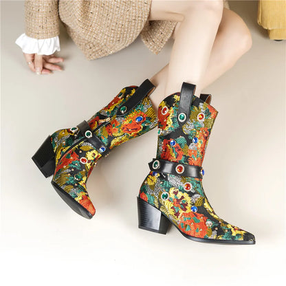 Brocade Pointed Toe Block Heel Boots
