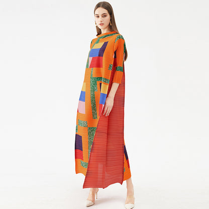 Miyake Pleated Geometric Print Long Dress