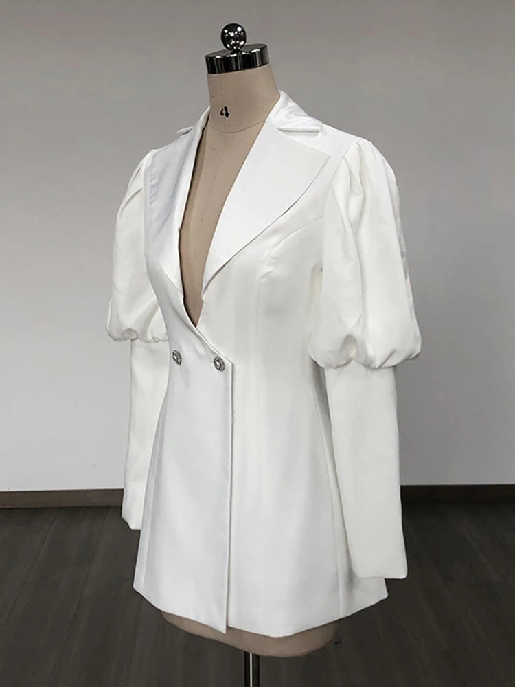 Spliced V-Neck Lantern Sleeve Blazer Dress