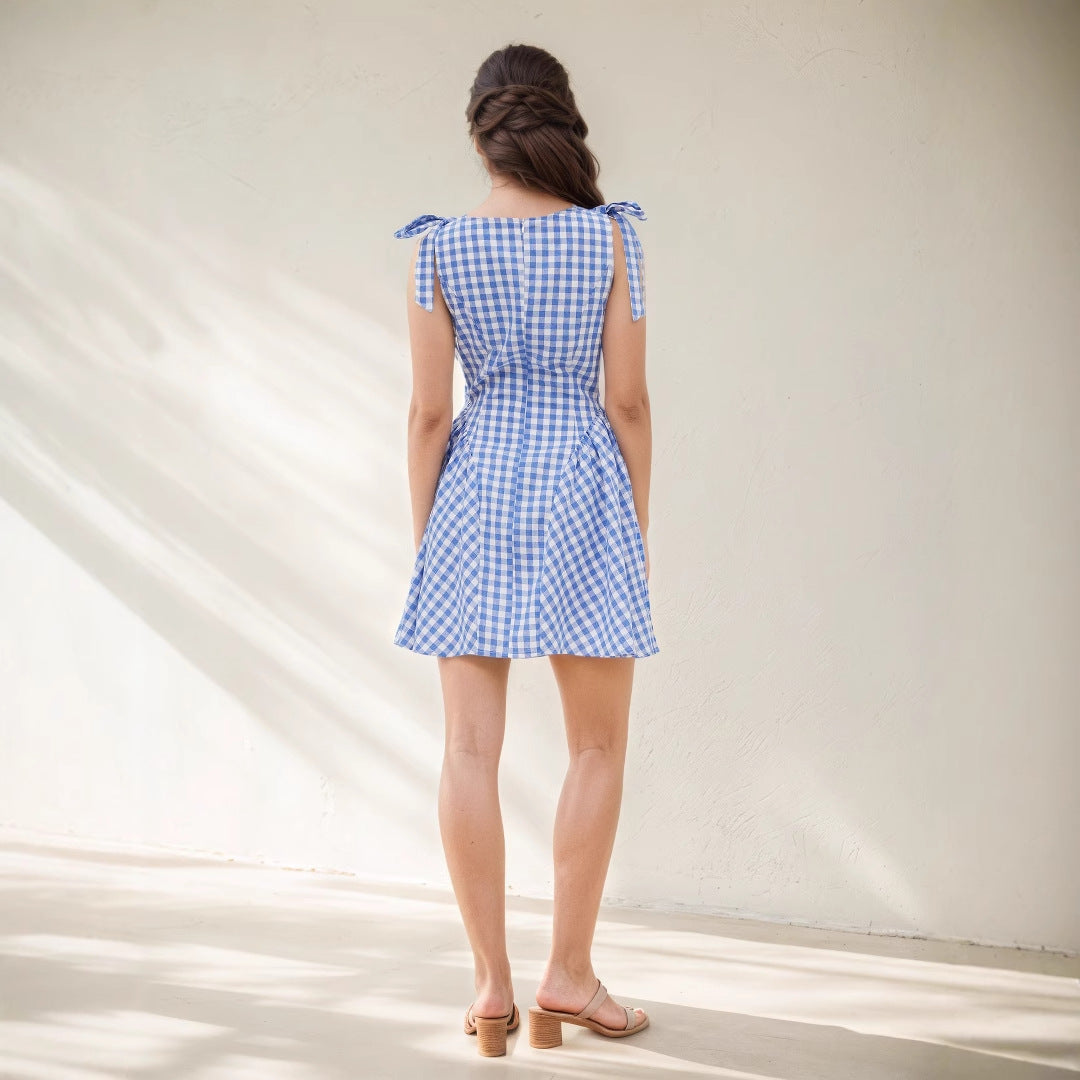 Checkered Tie Shoulder Mini Dress