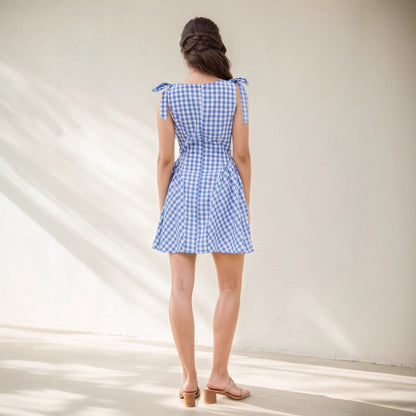 Checkered Tie Shoulder Mini Dress
